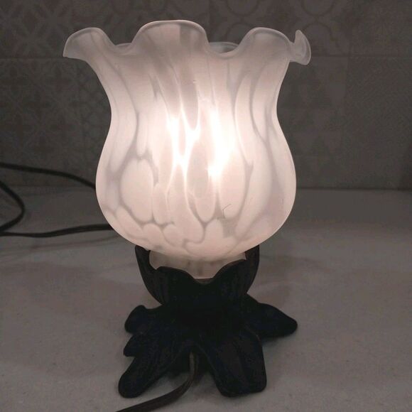 Vintage-Inspired Bronze Cherub Accent Lamp Tulip Frosted Glass Shade Nightlight - Picture 10 of 16